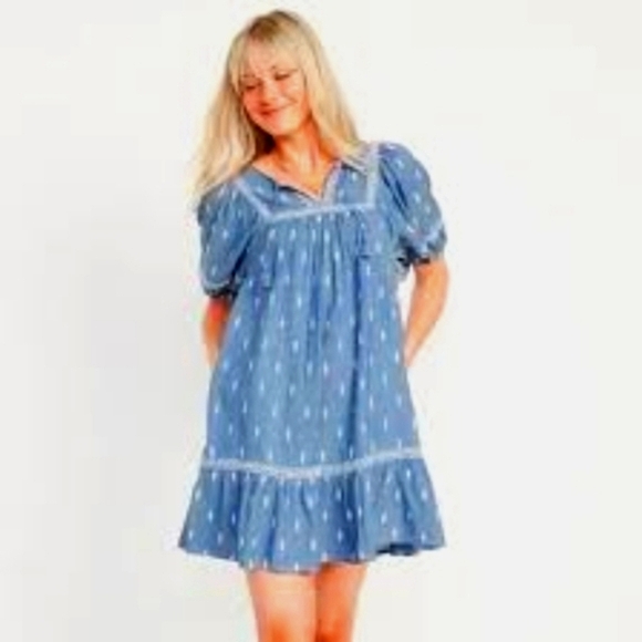 Puff-sleeve split- neck embroidered mini swing dress Cover Up Babydoll Dress - Picture 1 of 10